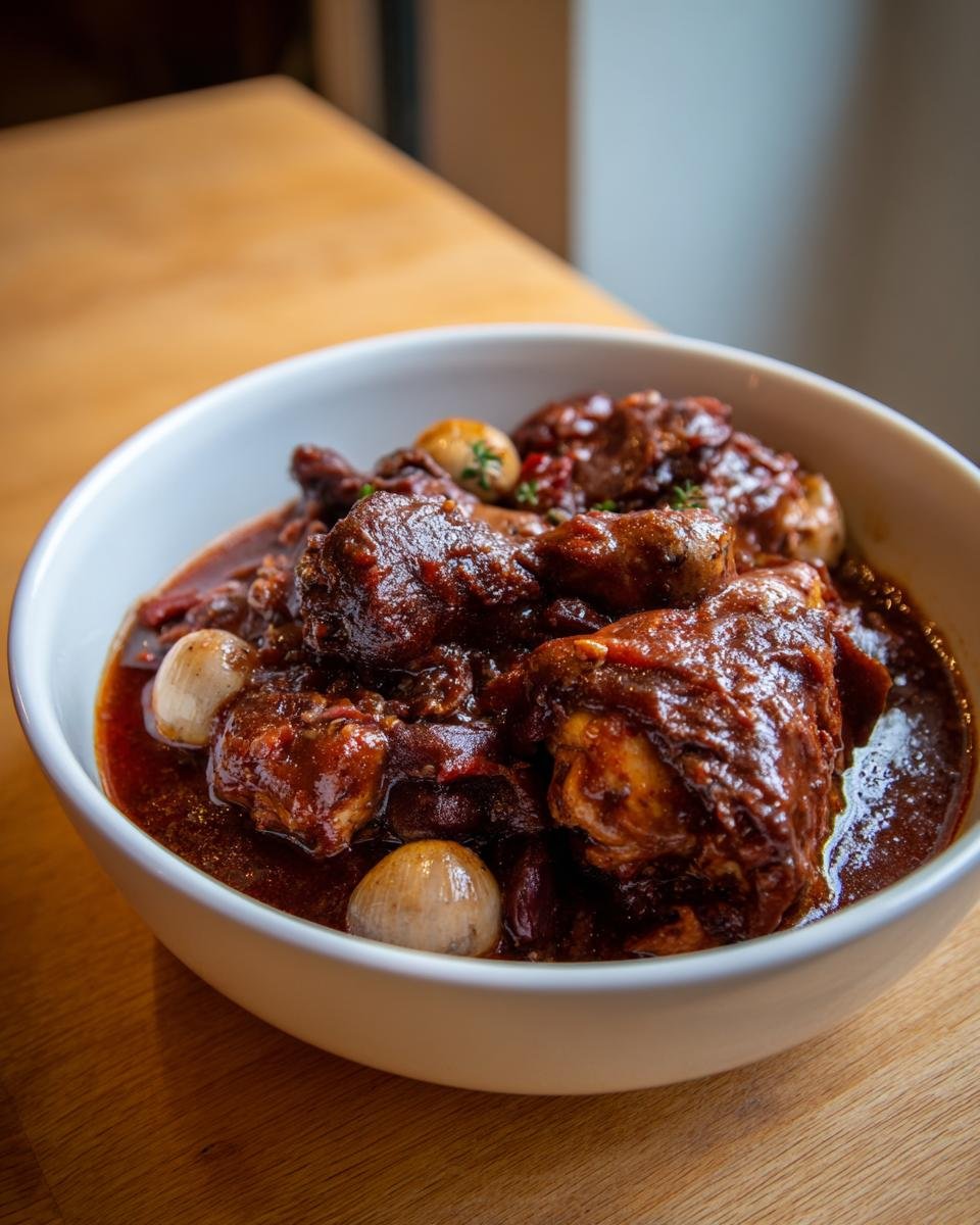 A close-up of rich, dark Julia Childs Coq Au Vin served in a white bowl with pearl onions.