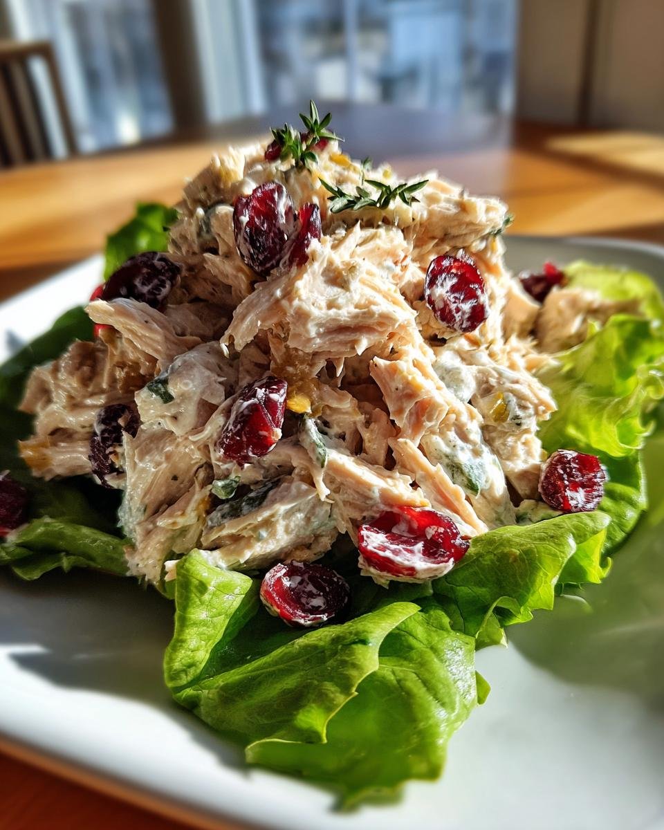 A scoop of creamy leftover turkey salad mixed with dried cranberries, served on crisp lettuce leaves.