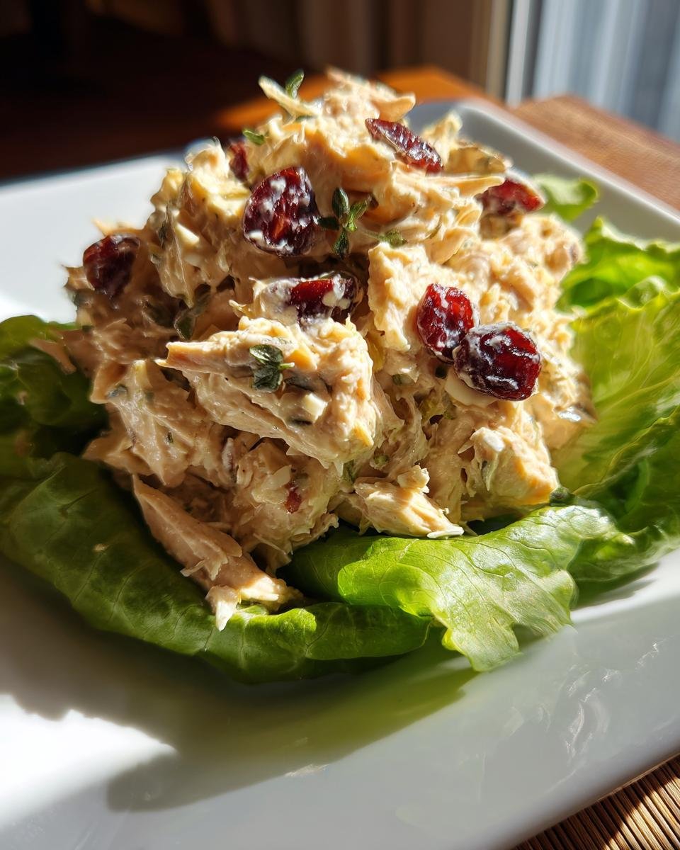 A scoop of creamy leftover turkey salad with dried cranberries served on crisp green lettuce leaves.