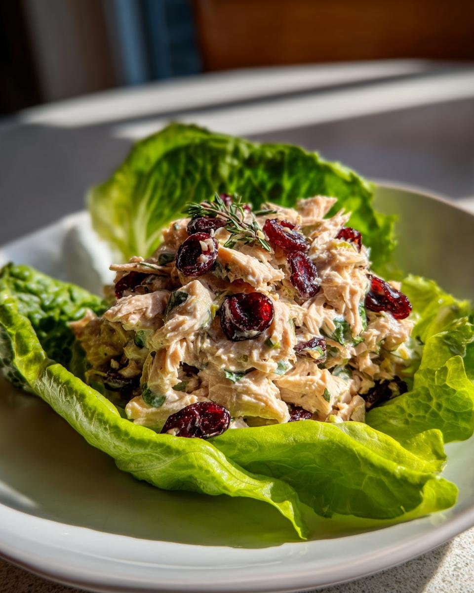 A serving of leftover turkey salad with dried cranberries, served in crisp lettuce cups.