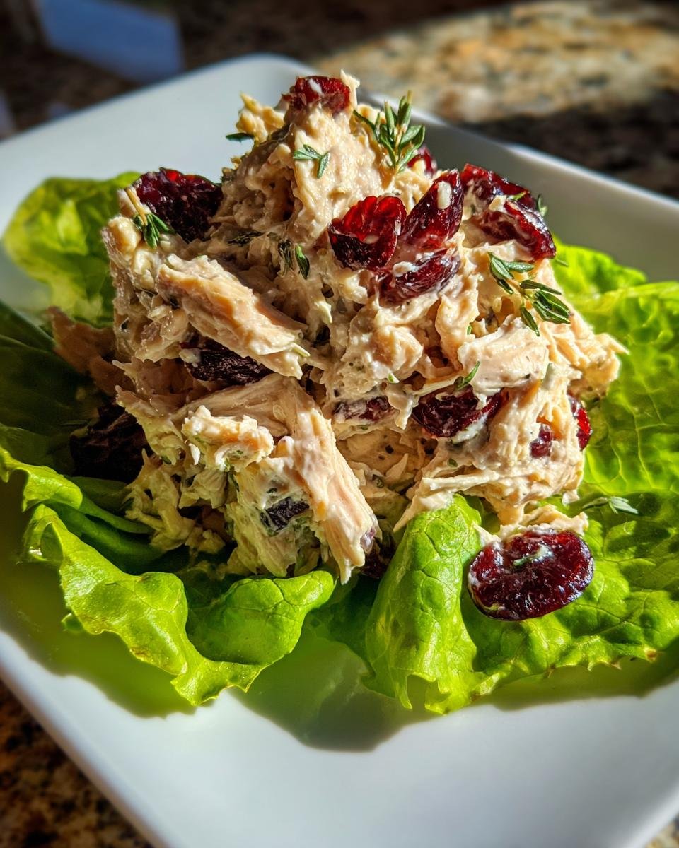 A scoop of creamy leftover turkey salad mixed with dried cranberries, served on crisp lettuce leaves.