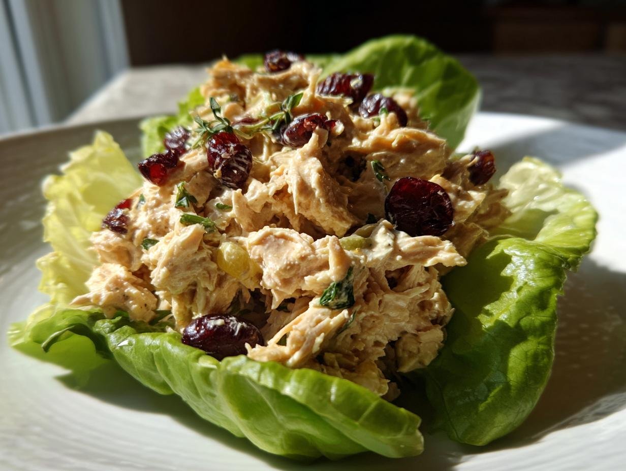 Shredded leftover turkey salad mixed with cranberries served in bright green lettuce cups.