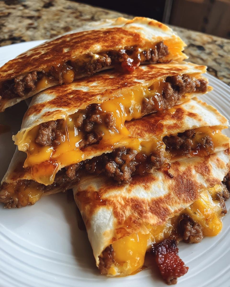 Close-up of Irresistible Maple Bacon Cheeseburger Quesadillas cut into wedges, showing melted cheese and ground beef filling.