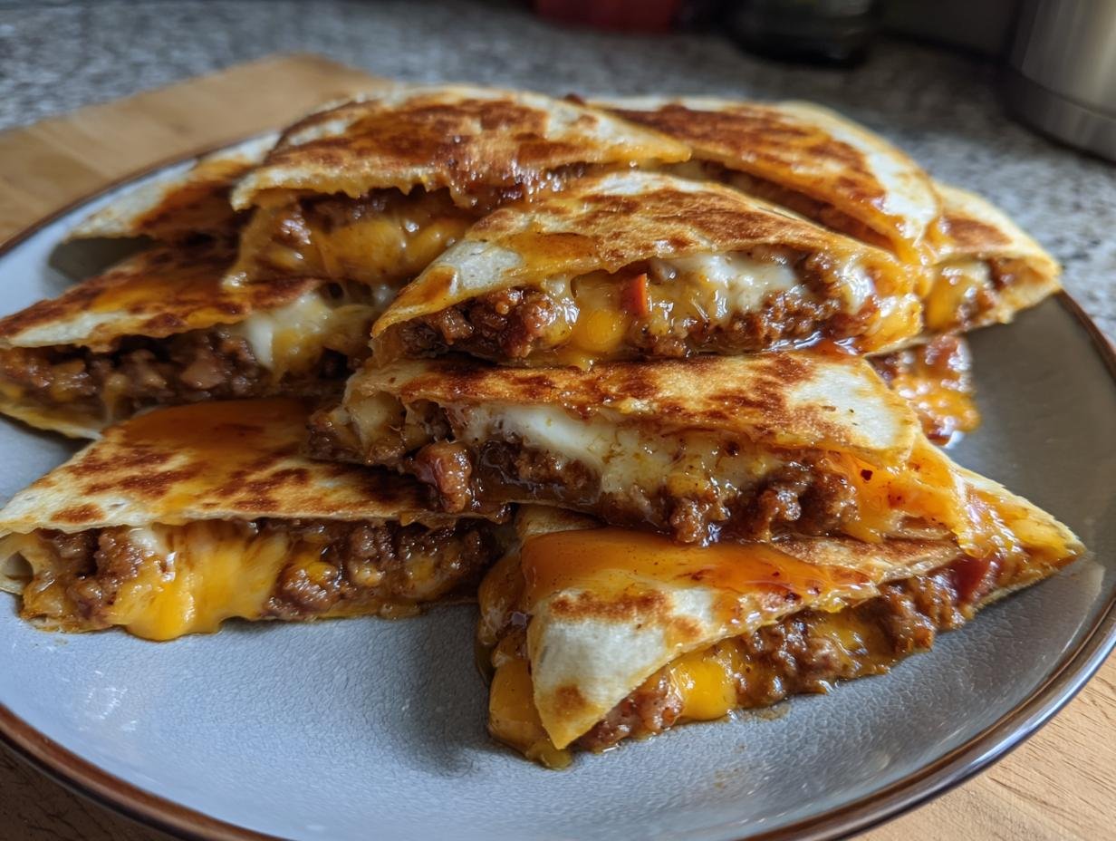 Close-up of stacked, gooey Irresistible Maple Bacon Cheeseburger Quesadillas with melted cheese and savory filling.