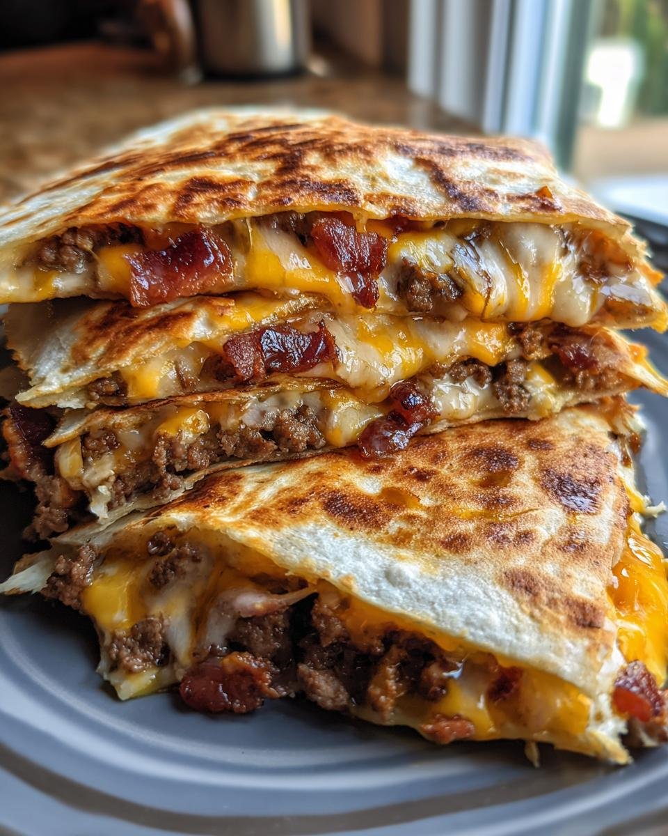 A stack of four quarters showing the gooey filling of Irresistible Maple Bacon Cheeseburger Quesadillas Recipe.