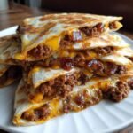 A stack of crispy, grilled quesadilla wedges overflowing with ground beef, melted cheddar cheese, and bacon pieces from the Irresistible Maple Bacon Cheeseburger Quesadillas Recipe.