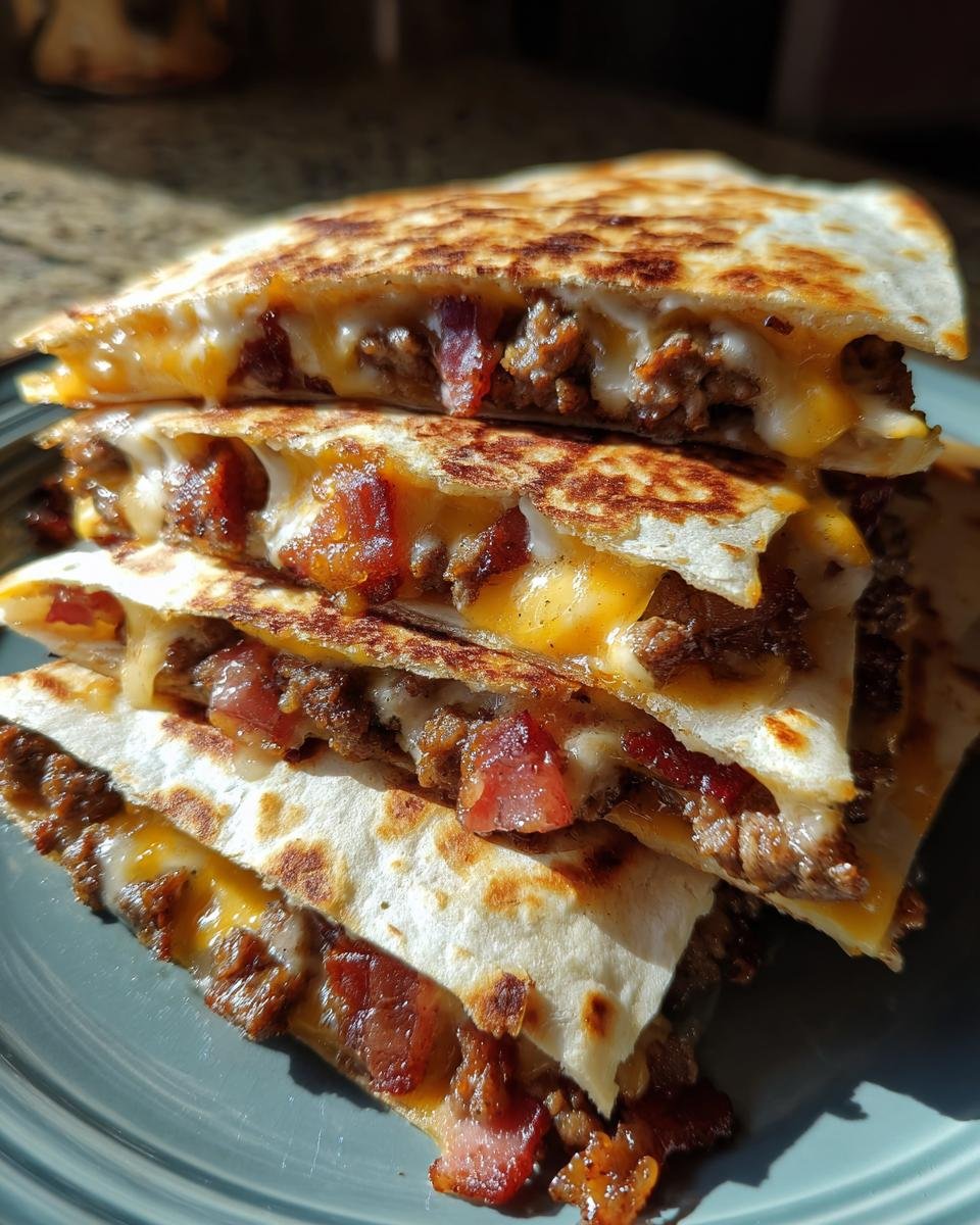 A stack of four crispy, grilled Irresistible Maple Bacon Cheeseburger Quesadillas slices showing melted cheese, ground beef, and bacon.