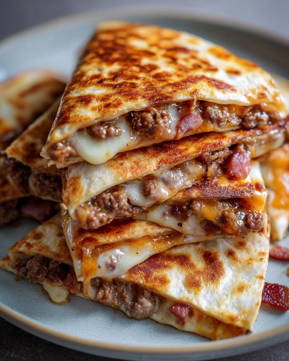 A stack of golden-brown Irresistible Maple Bacon Cheeseburger Quesadillas slices oozing melted cheese.