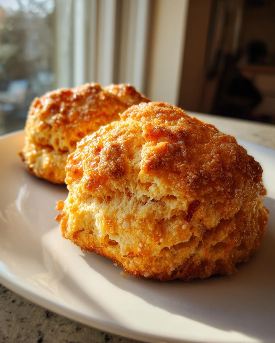 Two freshly baked, golden brown Irresistible Maple Bacon Scones sitting on a white plate near a window.