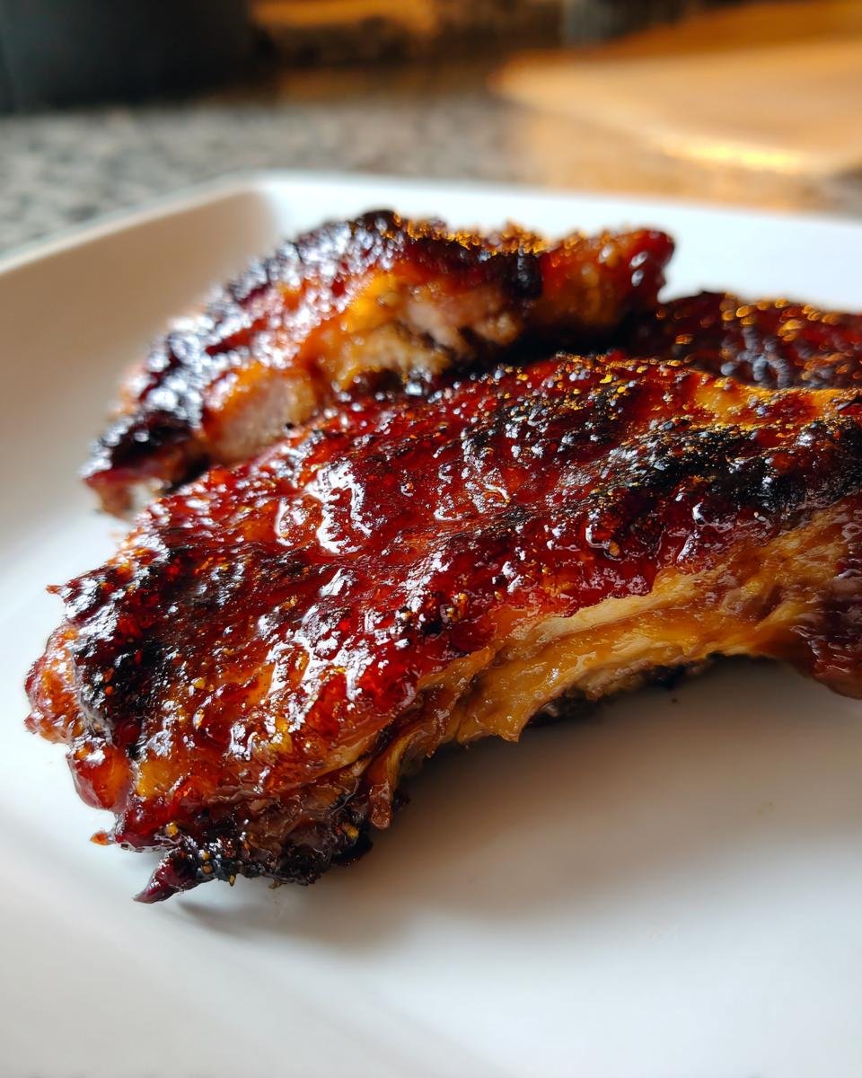 Two pieces of juicy turkey thighs coated in a sticky, dark, Irresistible Maple Bourbon Glazed Turkey Thighs recipe.