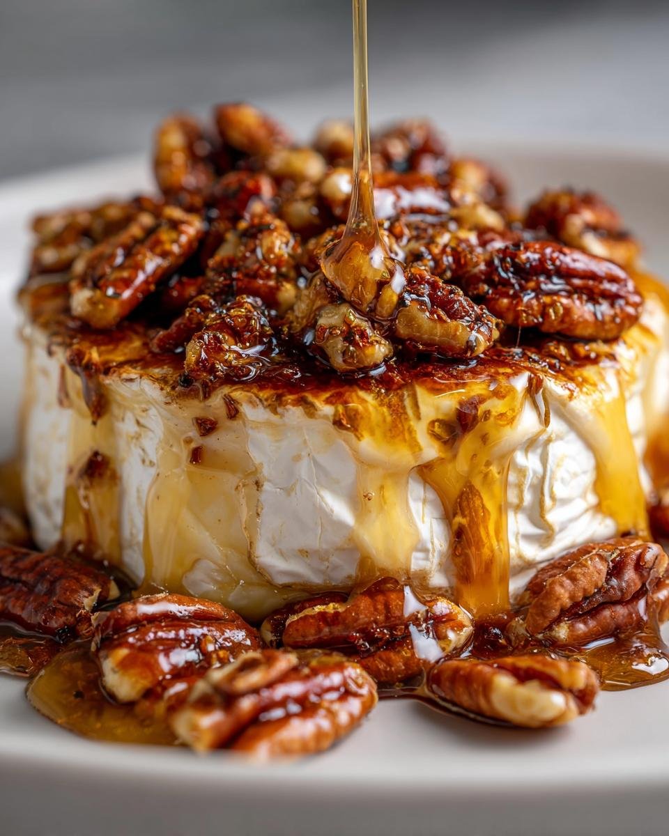 Close-up of an Irresistible Maple Pecan Baked Brie Appetizer being drizzled with warm maple syrup.