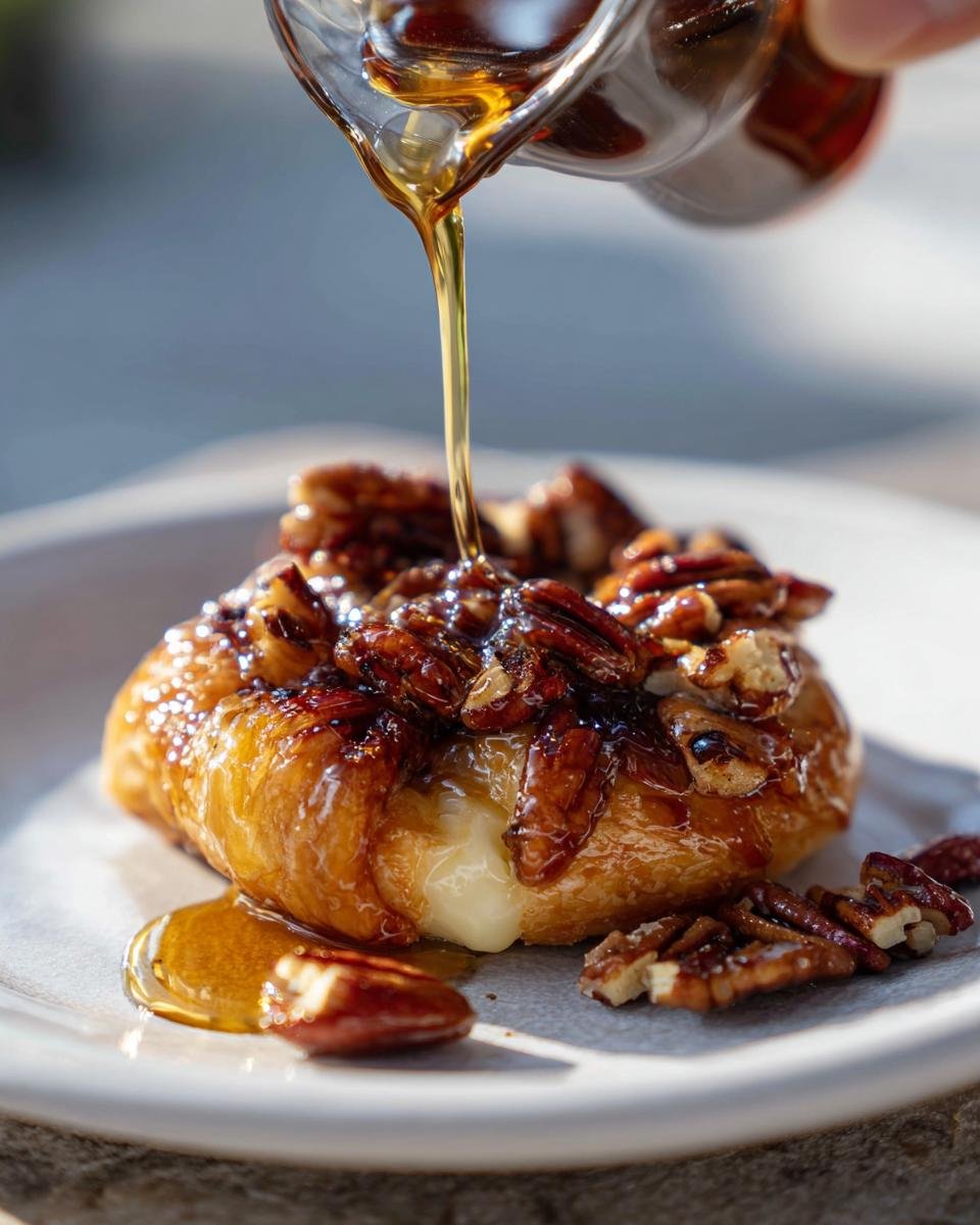 Close-up of Irresistible Maple Pecan Baked Brie Appetizer being drizzled with warm maple syrup.