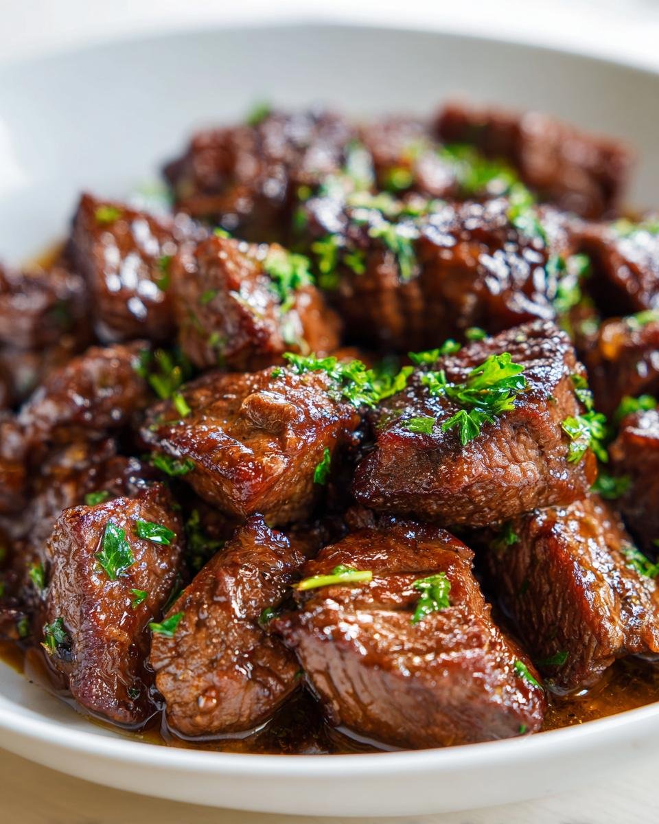 Close-up of glossy, tender Melt In Your Mouth Garlic Butter Beef Tips garnished with fresh parsley.