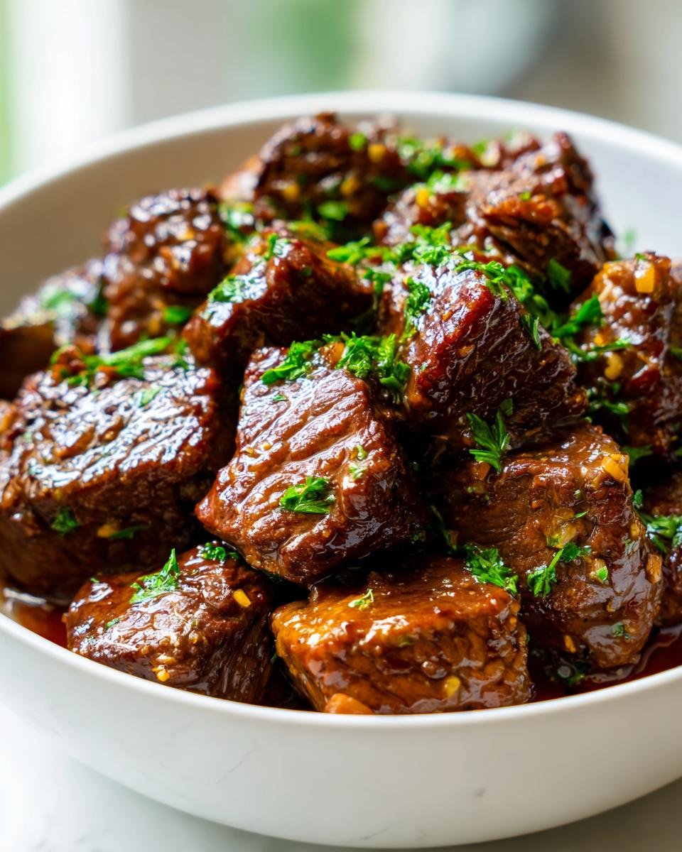Close-up of tender, glazed Melt In Your Mouth Garlic Butter Beef Tips garnished with fresh parsley in a white bowl.