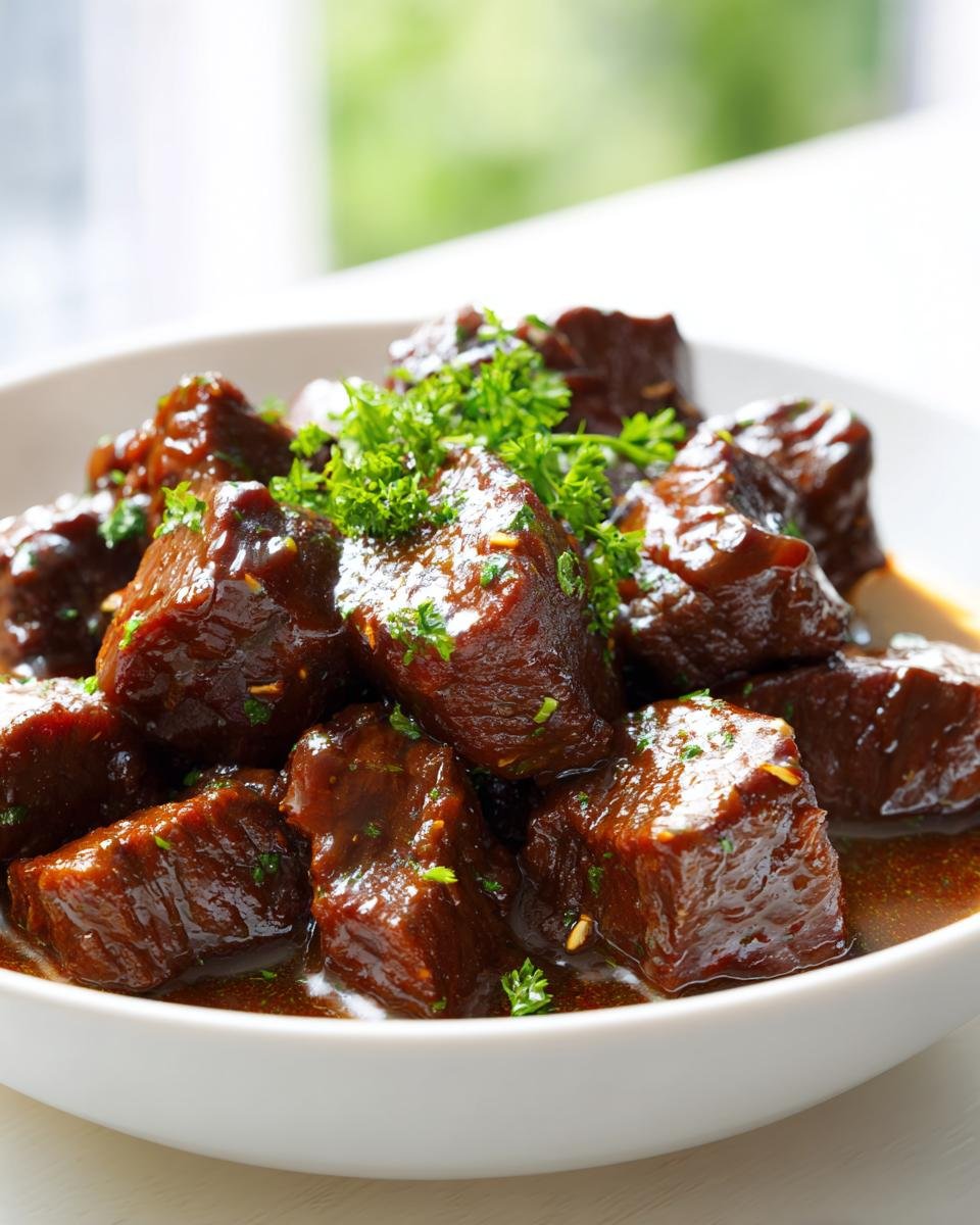 Close-up of tender Melt In Your Mouth Garlic Butter Beef Tips coated in a rich, dark sauce and garnished with parsley.