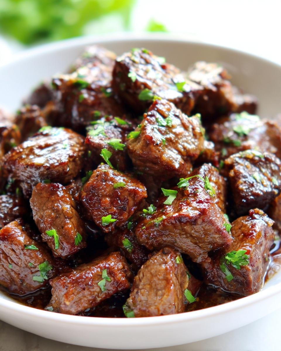 Close-up of juicy Melt In Your Mouth Garlic Butter Beef Tips coated in a rich brown sauce and garnished with fresh parsley.