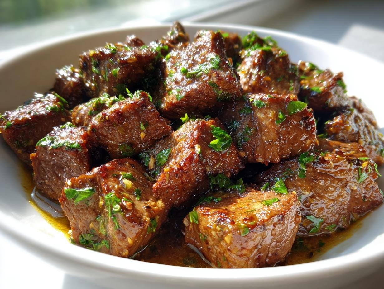 Close-up of juicy, cubed beef tips coated in garlic butter sauce and topped with fresh parsley, ready for the Melt In Your Mouth Garlic Butter Beef Tips Recipe.