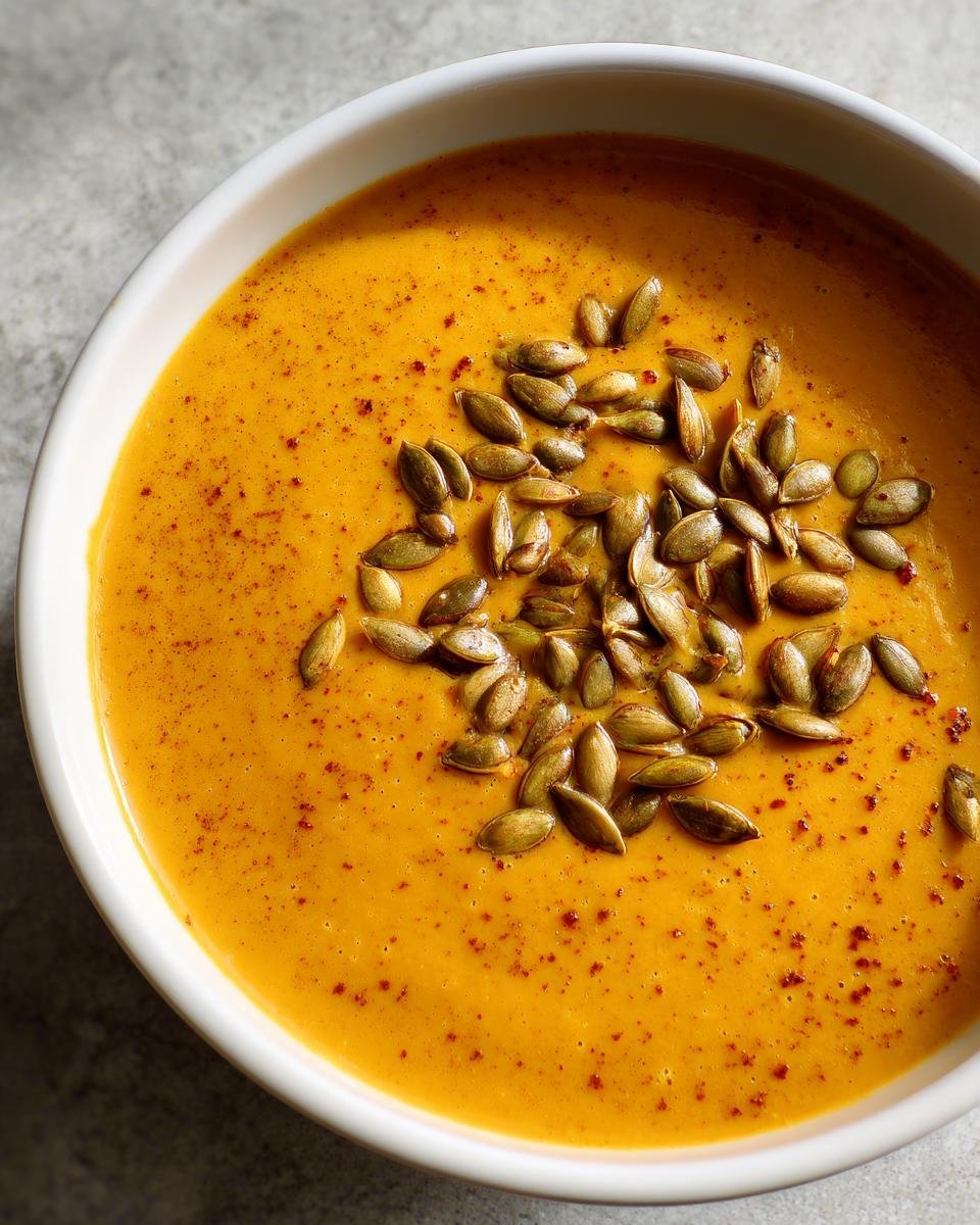 A close-up of rich, orange Irresistible Miso Pumpkin Bisque topped generously with toasted pepitas.
