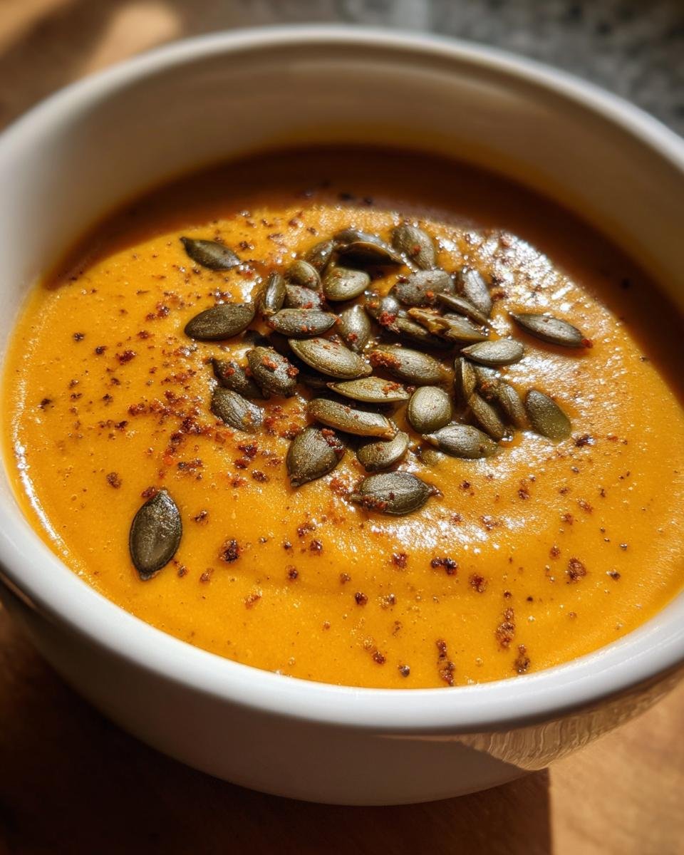 Close-up of a vibrant orange Irresistible Miso Pumpkin Bisque topped generously with toasted pepitas.