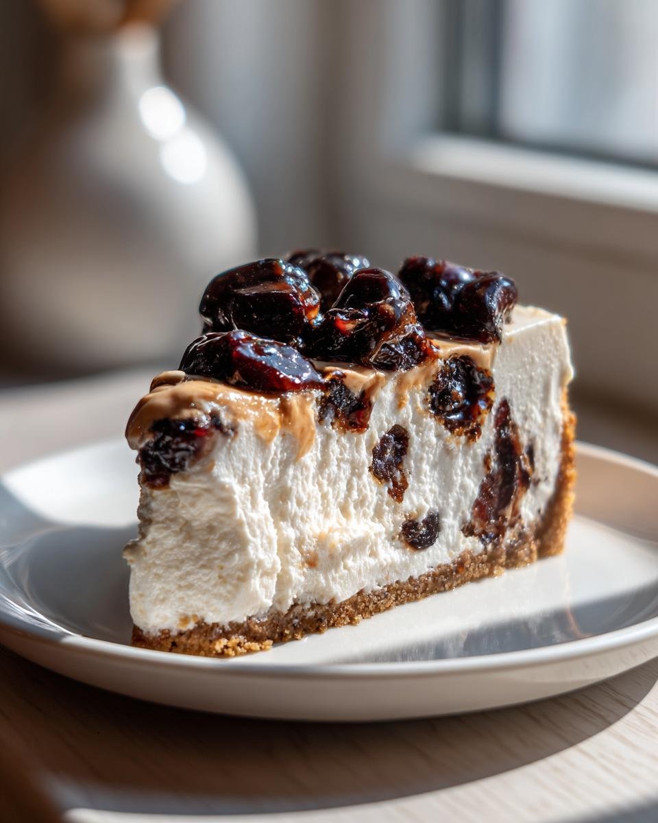 A perfect slice of Irresistible Mulberry Earl Grey Cheesecake Delight with dark fruit topping on a white plate.