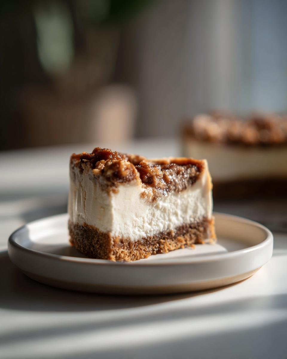 A close-up of a perfect slice of Irresistible Mulberry Earl Grey Cheesecake Delight on a small white plate.