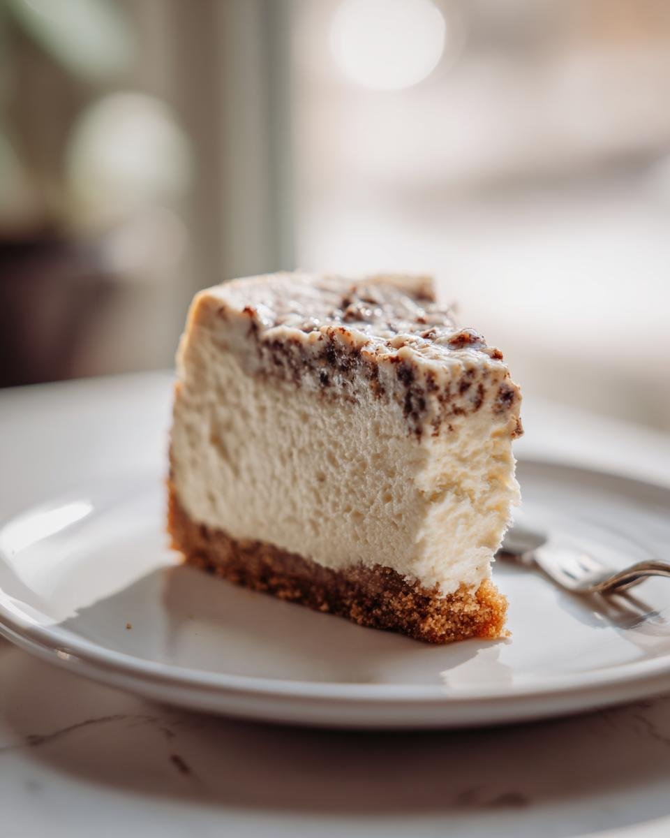 A perfect slice of creamy Mulberry Earl Grey Cheesecake Delight with a graham cracker crust on a white plate.