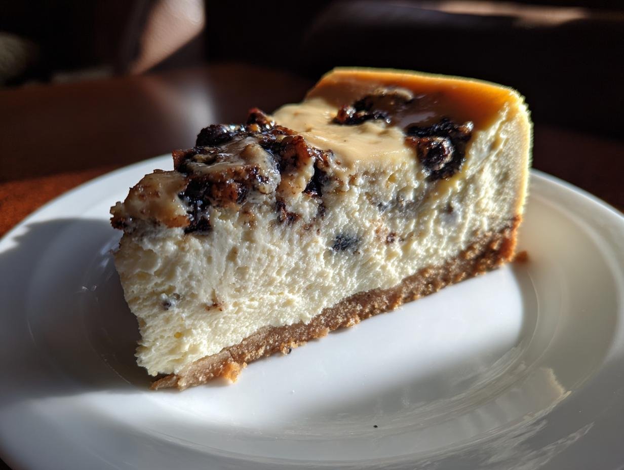 A rich slice of Irresistible Mulberry Earl Grey Cheesecake Delight on a white plate, showing a creamy filling and dark fruit swirl.