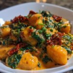 Close-up of Irresistible One Pan Creamy Spinach Sun Dried Tomato Gnocchi coated in a rich orange sauce.