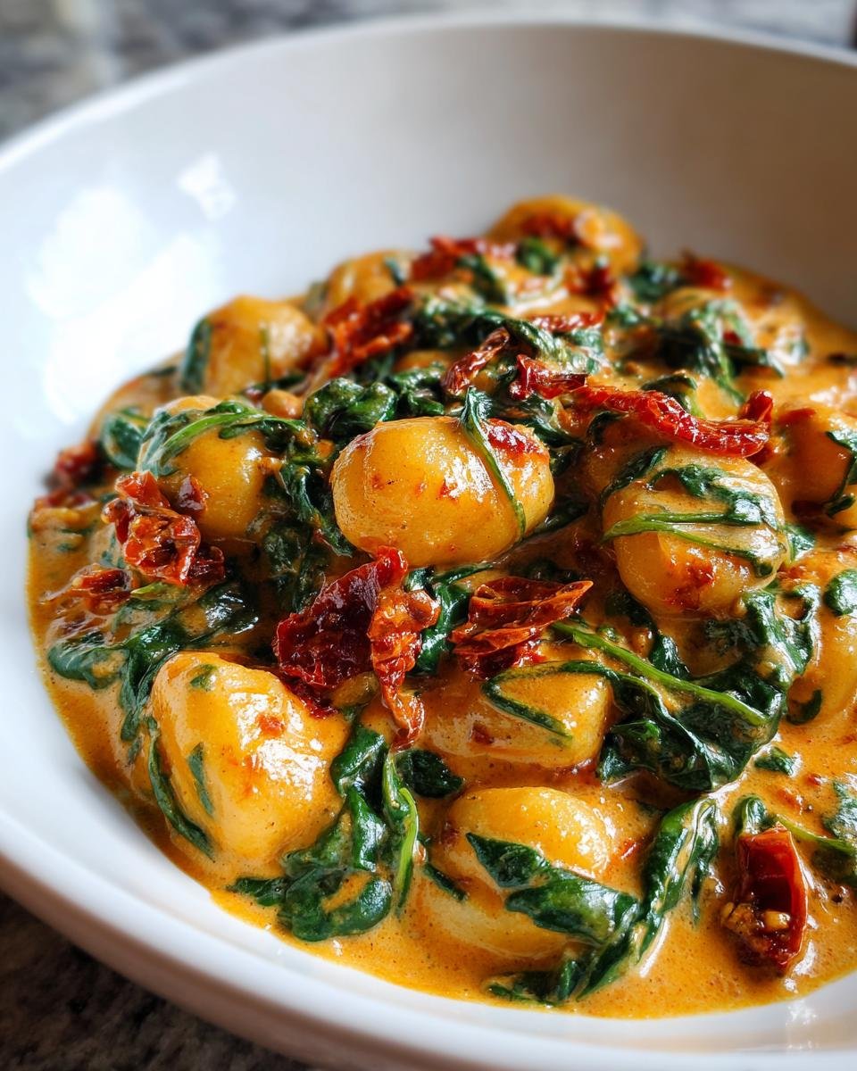 A close-up of Irresistible One Pan Creamy Spinach Sun Dried Tomato Gnocchi served in a white bowl.