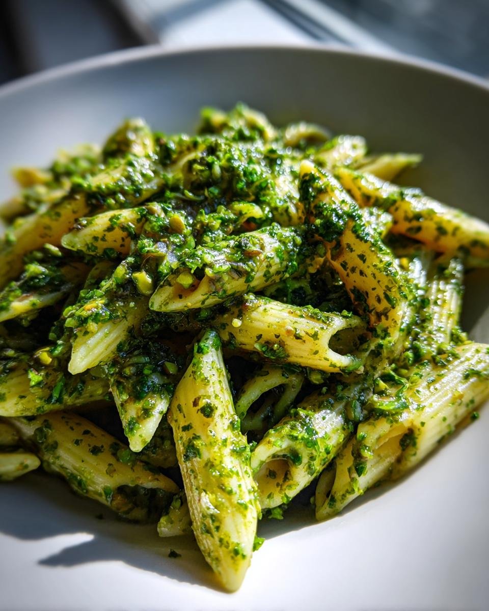 Close-up of penne pasta coated generously in bright green, chunky pistachio pesto in a light gray bowl.