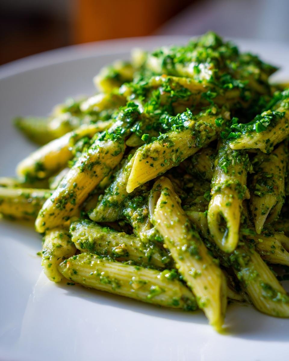 Close-up of penne pasta coated in vibrant green pistachio pesto and garnished with fresh herbs.