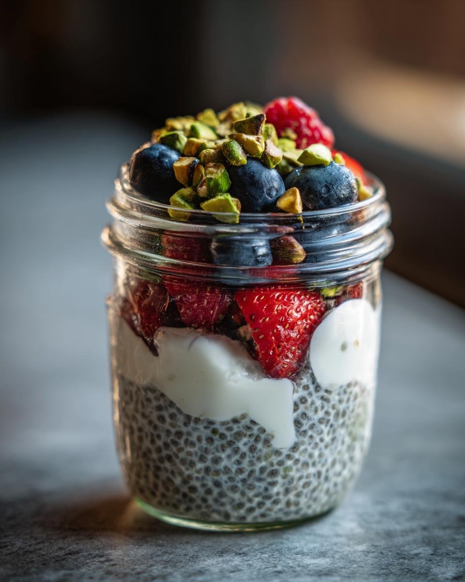 Close-up of an Irresistible Overnight Chia Pistachio Parfait layered with chia pudding, yogurt, berries, and chopped pistachios.