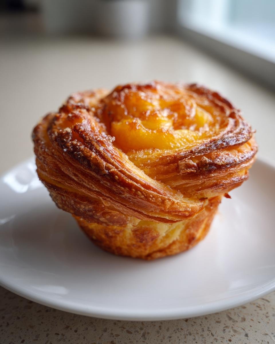 Close-up of a golden, flaky Peach Pie Crescent Cruffin topped with caramelized peaches on a white plate.
