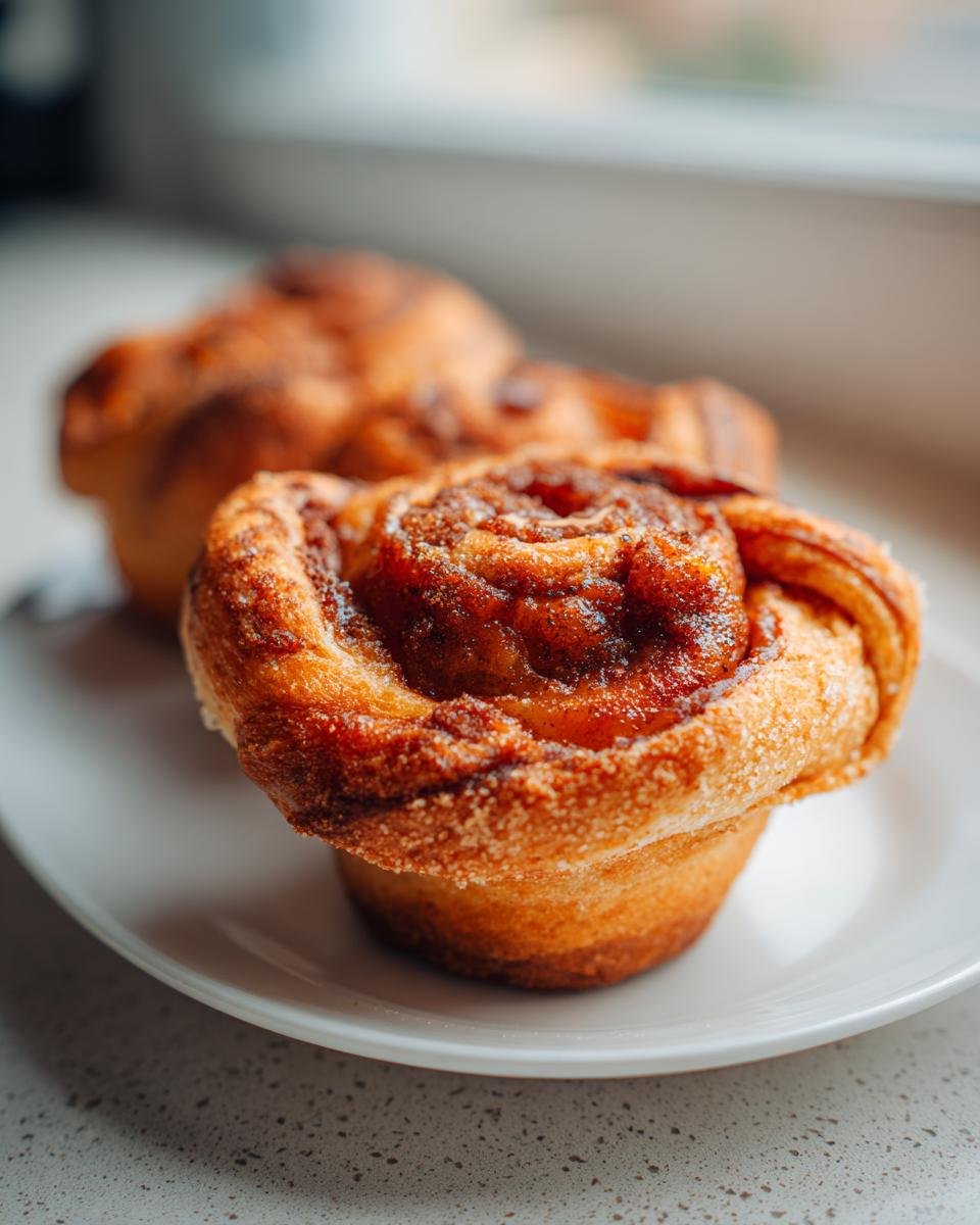 Close-up of a freshly baked Peach Pie Crescent Cruffin with a caramelized cinnamon swirl topping.