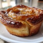 Close-up of an Irresistible Peach Pie Crescent Cruffin with a golden, flaky crust and caramelized peach filling.