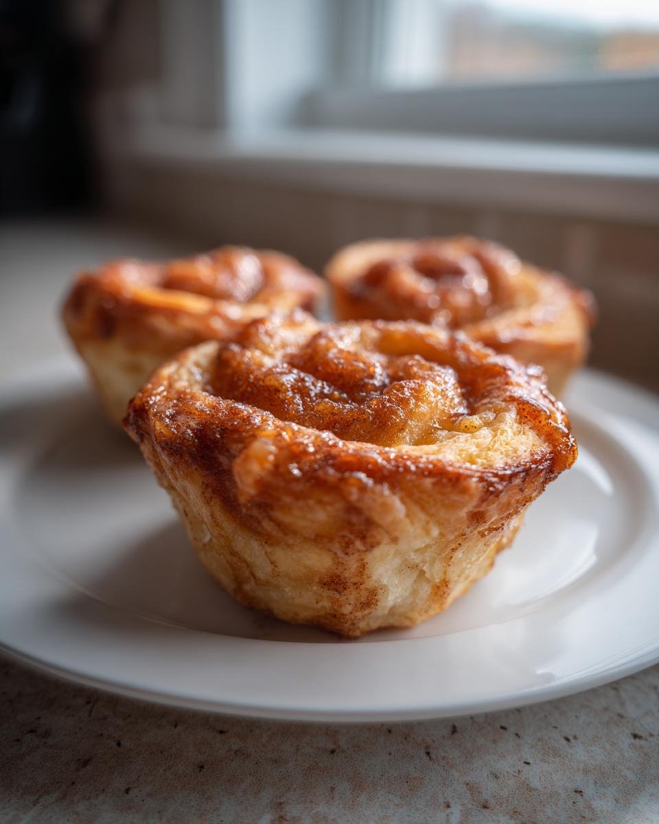 Close-up of three golden baked Peach Pie Crescent Cruffins with a shiny, caramelized cinnamon topping on a white plate.