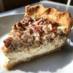 A close-up of a slice of rich Pecan Cream Pie showing a creamy filling and pecan topping.