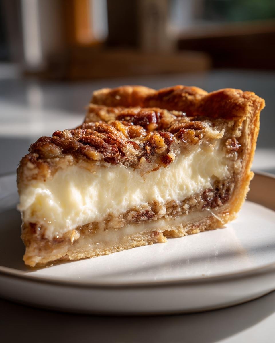 A thick slice of Pecan Cream Pie with a creamy white filling and pecan topping on a white plate.