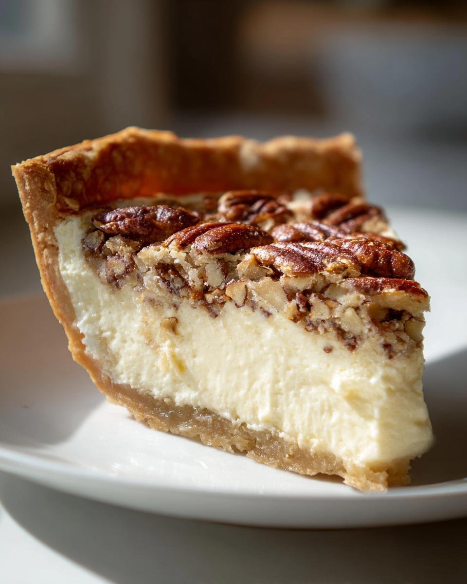 Close-up of a thick slice of Pecan Cream Pie showing creamy filling and pecan topping.