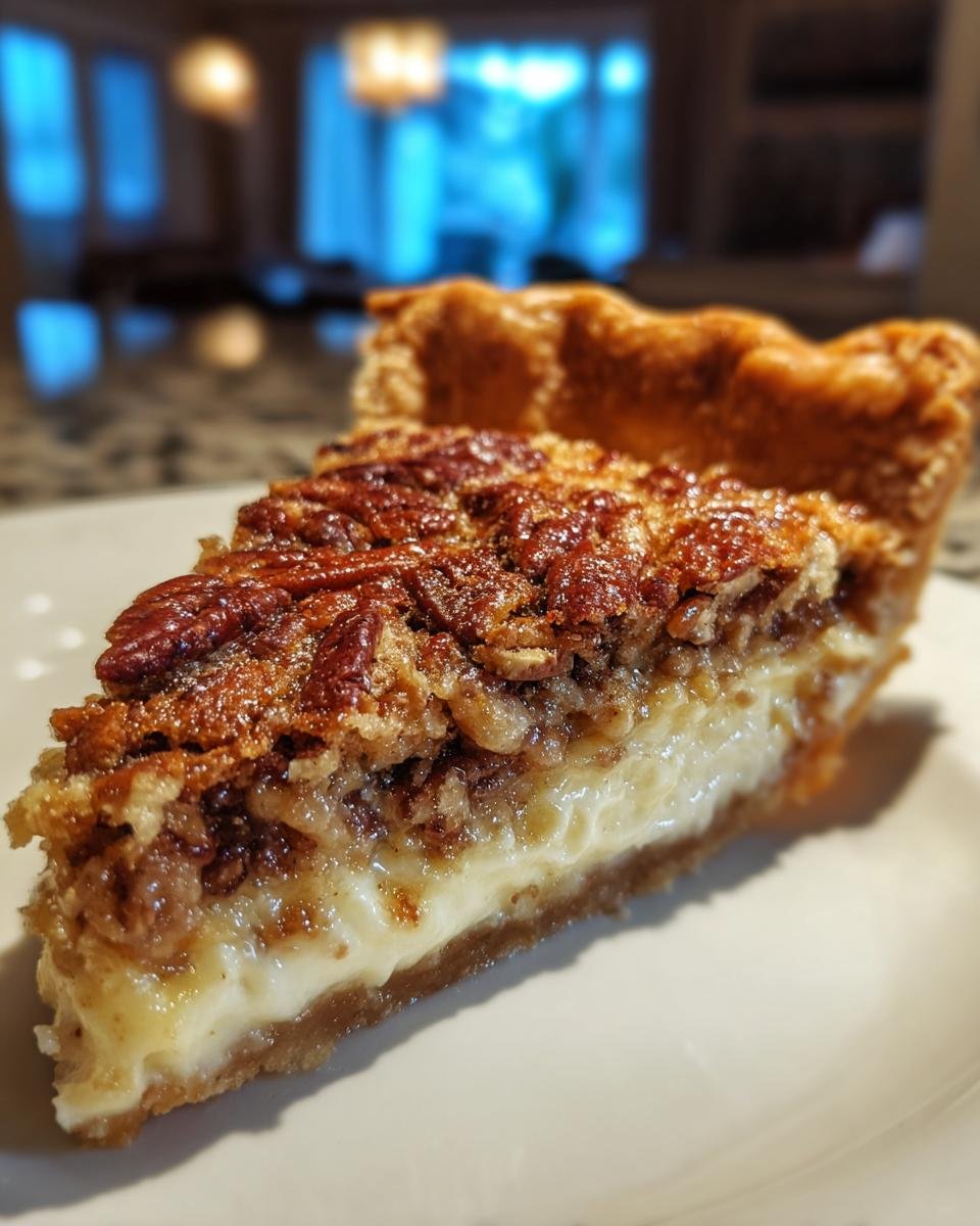 A close-up of a slice of Irresistible Pecan Cream Pie showing the creamy filling and pecan topping on a white plate.