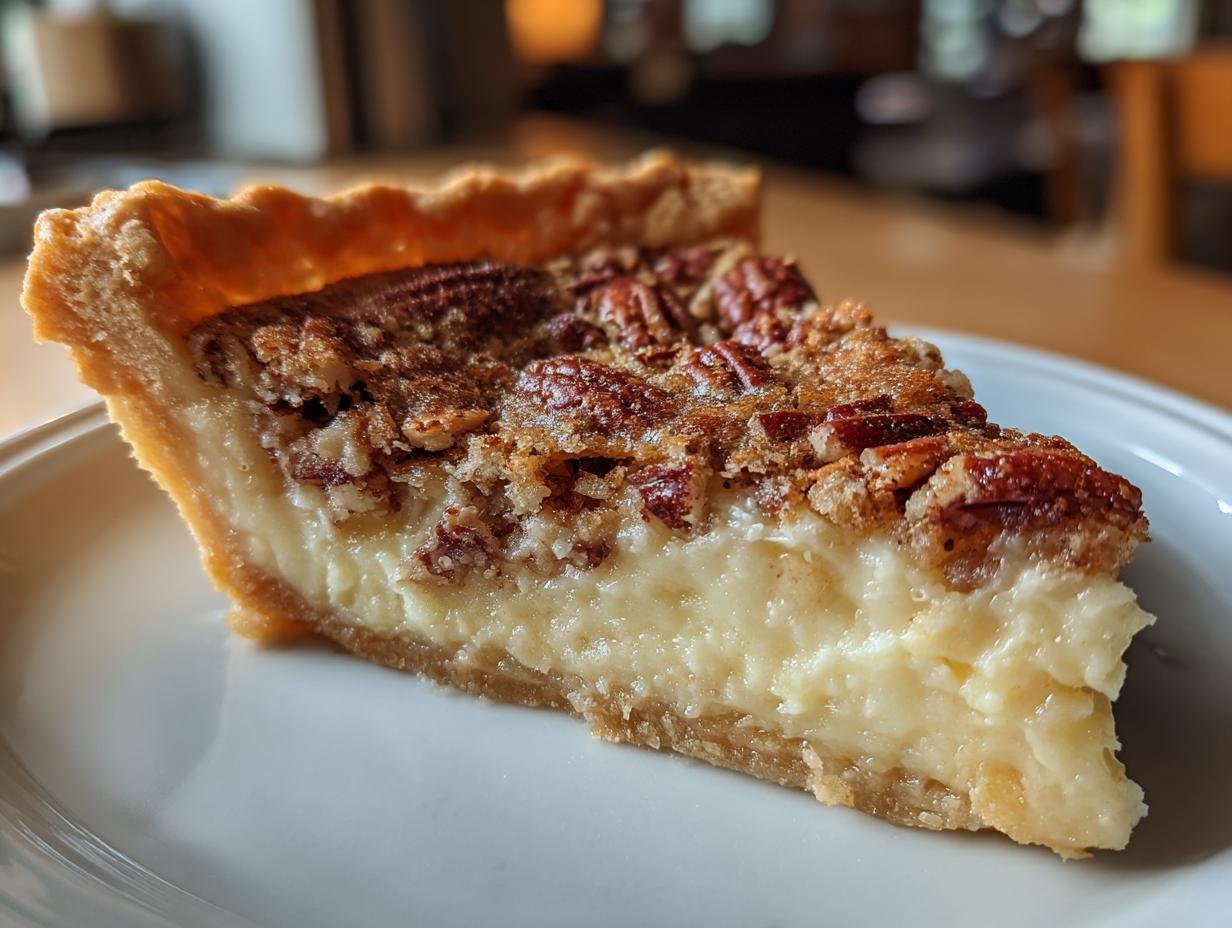 A close-up shot of a slice of irresistible Pecan Cream Pie showing the creamy filling and pecan topping.