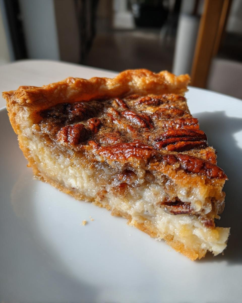 A close-up slice of rich Pecan Cream Pie showing the creamy filling and pecan topping on a white plate.