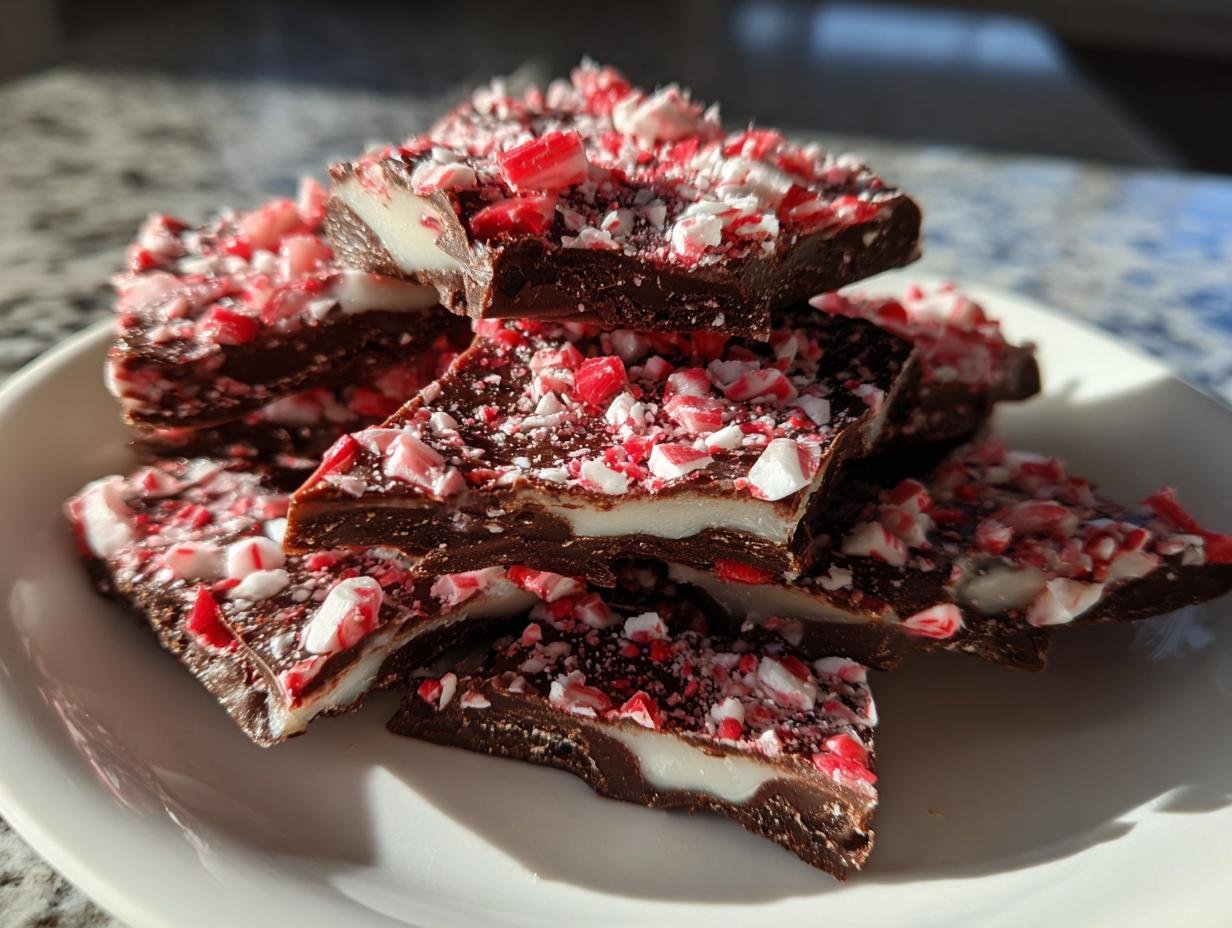 A stack of homemade Peppermint Chocolate Bark Recipe pieces topped with crushed candy canes on a white plate.