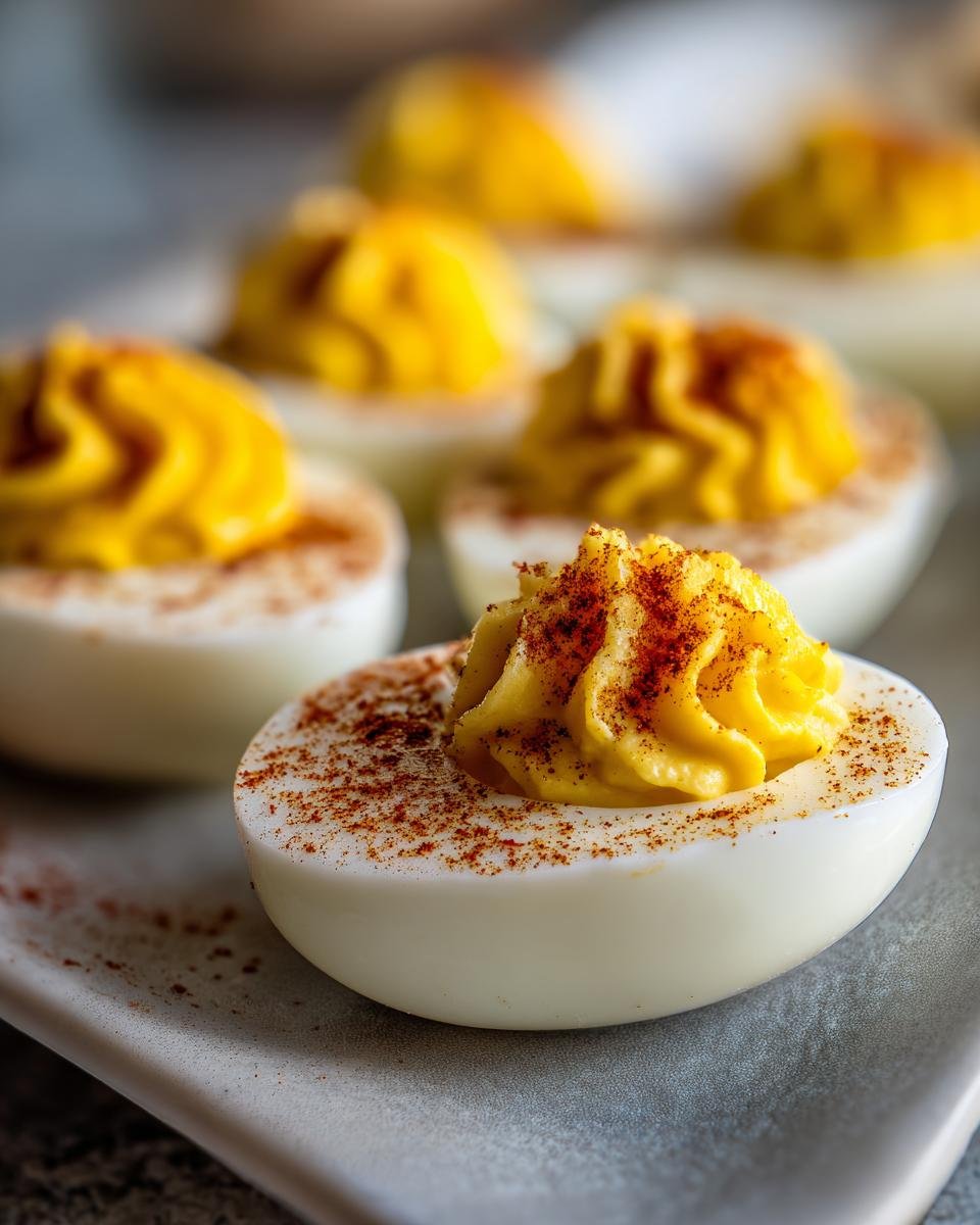 Close-up of a deviled egg half filled with creamy yolk mixture, dusted with paprika, part of a platter of Irresistible Pickle Brine Deviled Eggs.