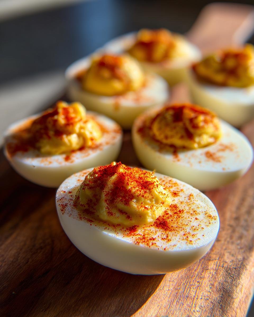 Close-up of several Irresistible Pickle Brine Deviled Eggs topped with paprika on a wooden board.