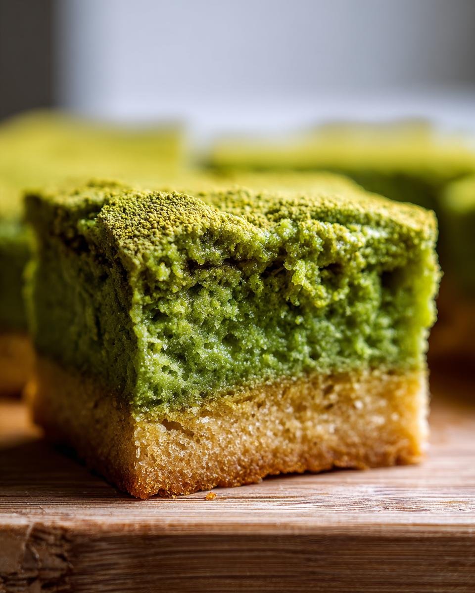 Close-up of a single square slice of Pistachio Gooey Butter Cake showing a golden crust and vibrant green filling dusted with powder.