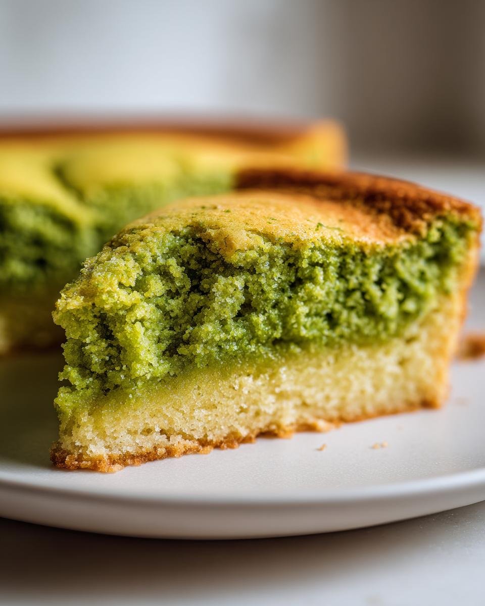 Close-up of a slice of Pistachio Gooey Butter Cake Recipe showing the dense green layer over the cake base.