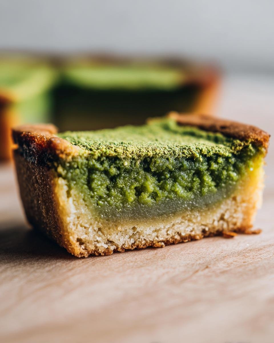 Close-up of a slice of Pistachio Gooey Butter Cake showing the dense green filling and crust, dusted with powder.