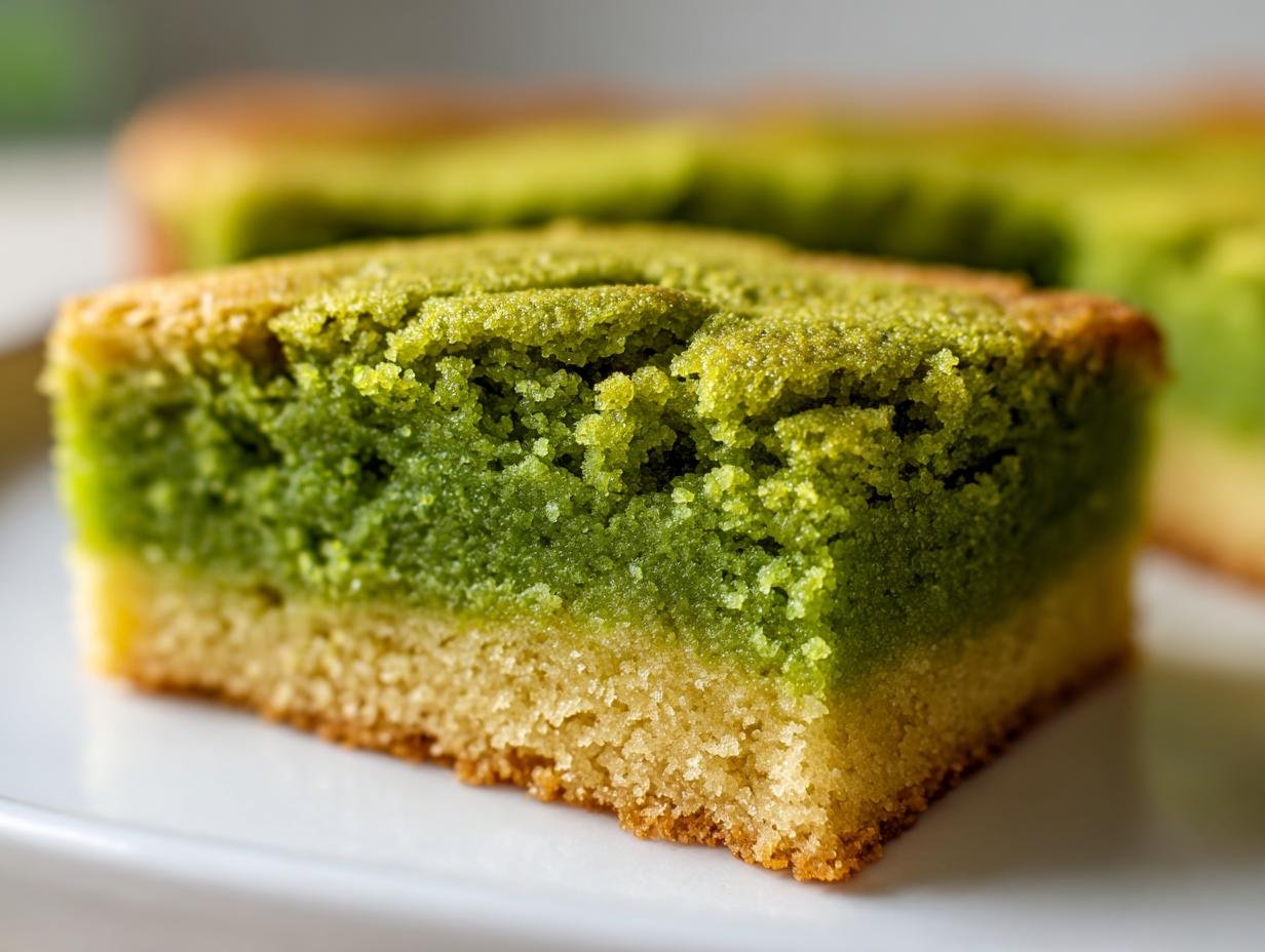 Close-up of a square slice of Pistachio Gooey Butter Cake showing a golden crust and vibrant green pistachio layer.
