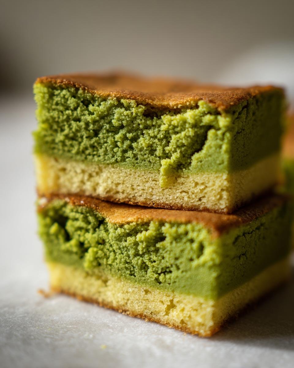 Two stacked squares of Pistachio Gooey Butter Cake Recipe showing a dense green top layer over a yellow cake base.